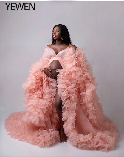 Elegantes Umstandskleid für Fotoshootings, Organza-Rüschen, Kleider für Schwangere, Maxi-Umstandskleid 