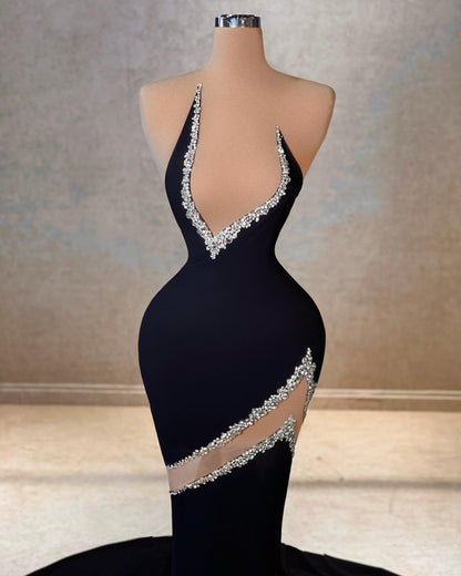 Elegante Meerjungfrau V-Ausschnitt Ärmellos Strass Satin Tüll Ballkleider