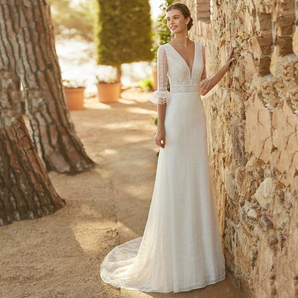 Elegant Mermaid Wedding Dresses Lace Bohemia Sexy Deep V-Neck Half Sleeve Bridal Gowns Pearl Button Formal Beach Party Robe Tull-payinti