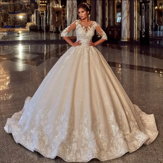 Elegant O-Neck Pearls Lace Appliques Ball Gown Wedding Dress 2023 Half Sleeves Bridal Gown Tulle Lace Up Robe De Mariée-payinti
