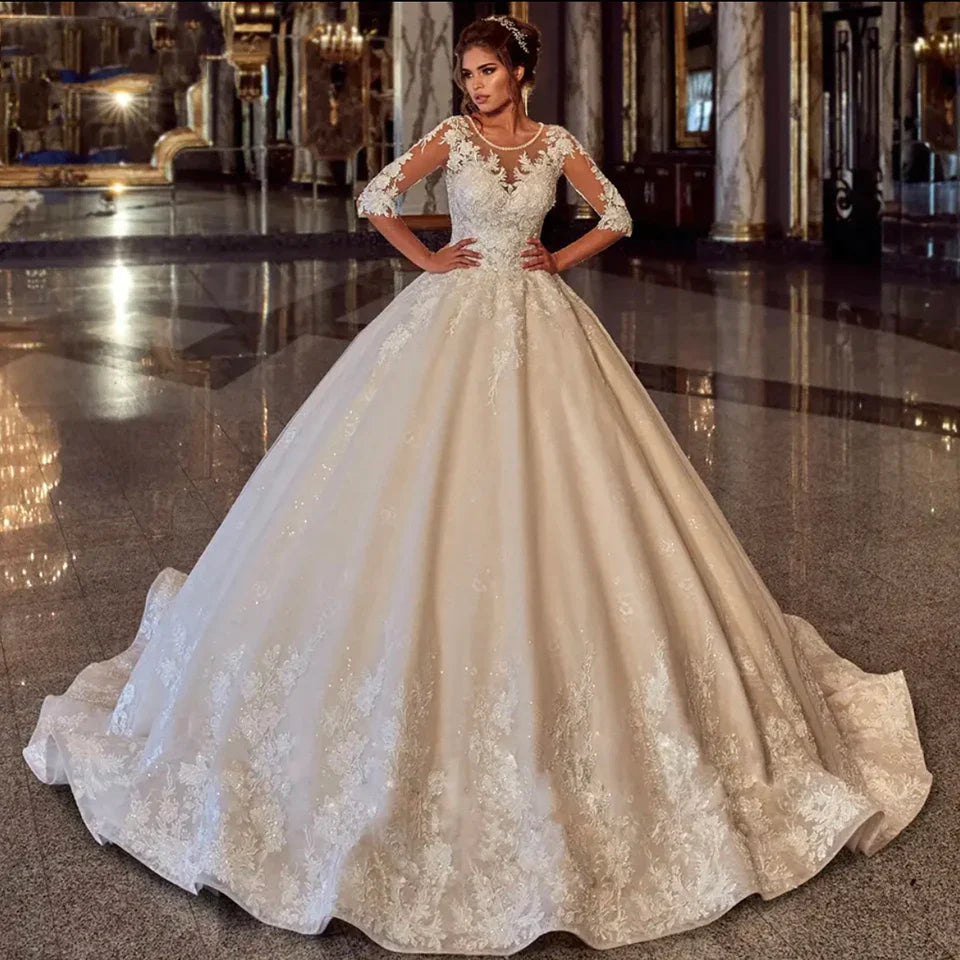 Elegant O-Neck Pearls Lace Appliques Ball Gown Wedding Dress 2023 Half Sleeves Bridal Gown Tulle Lace Up Robe De Mariée-payinti