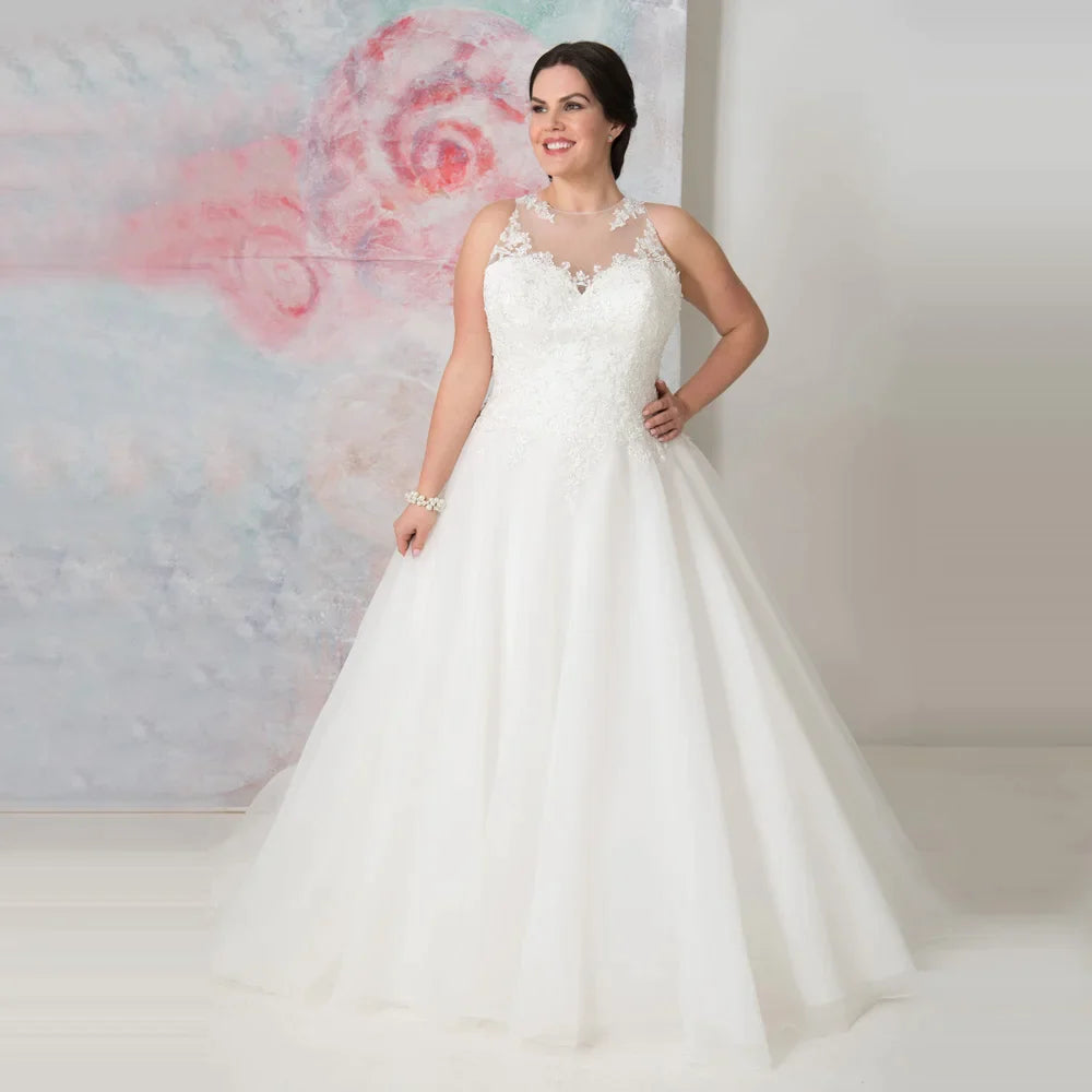 Elegant O-neck Plus Size Wedding Dresses Custom Made See Through Organza Appliqued A-line Bridal Gown Robe de Mariee-payinti