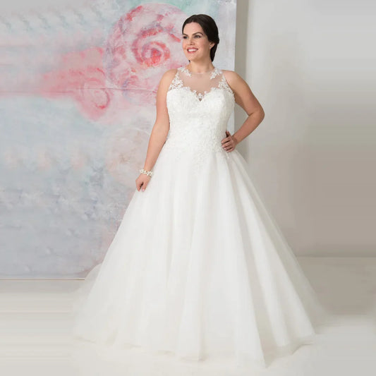 Elegant O-neck Plus Size Wedding Dresses Custom Made See Through Organza Appliqued A-line Bridal Gown Robe de Mariee-payinti