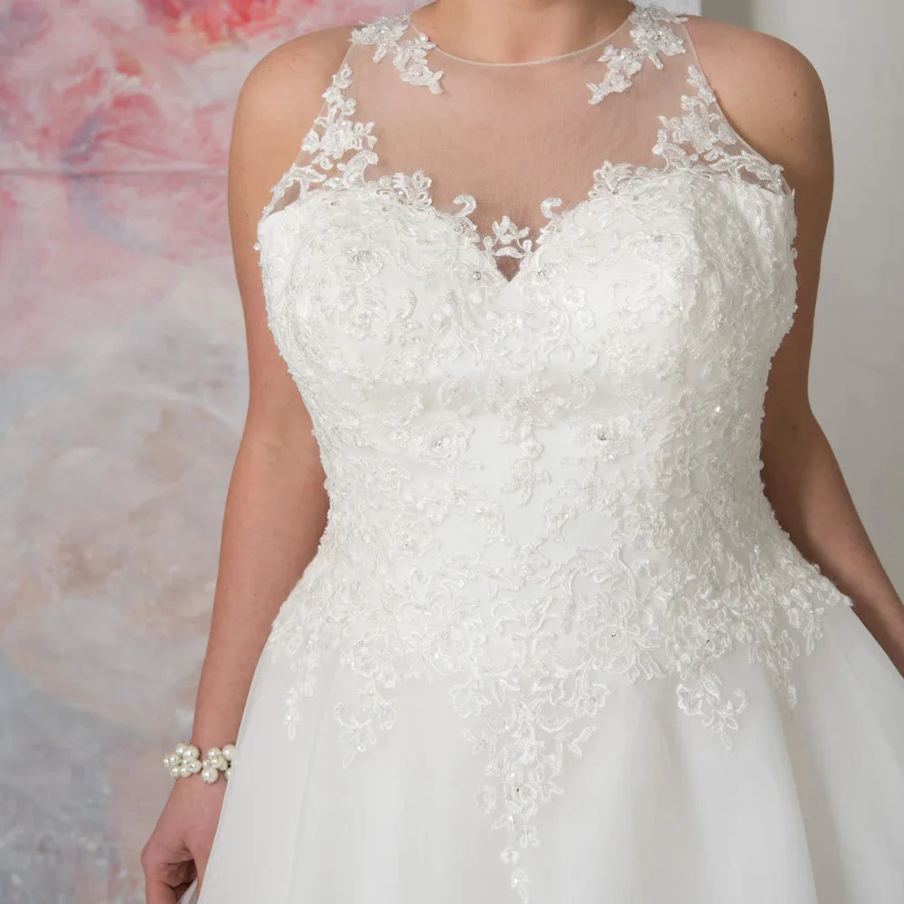 Elegant O-neck Plus Size Wedding Dresses Custom Made See Through Organza Appliqued A-line Bridal Gown Robe de Mariee-payinti