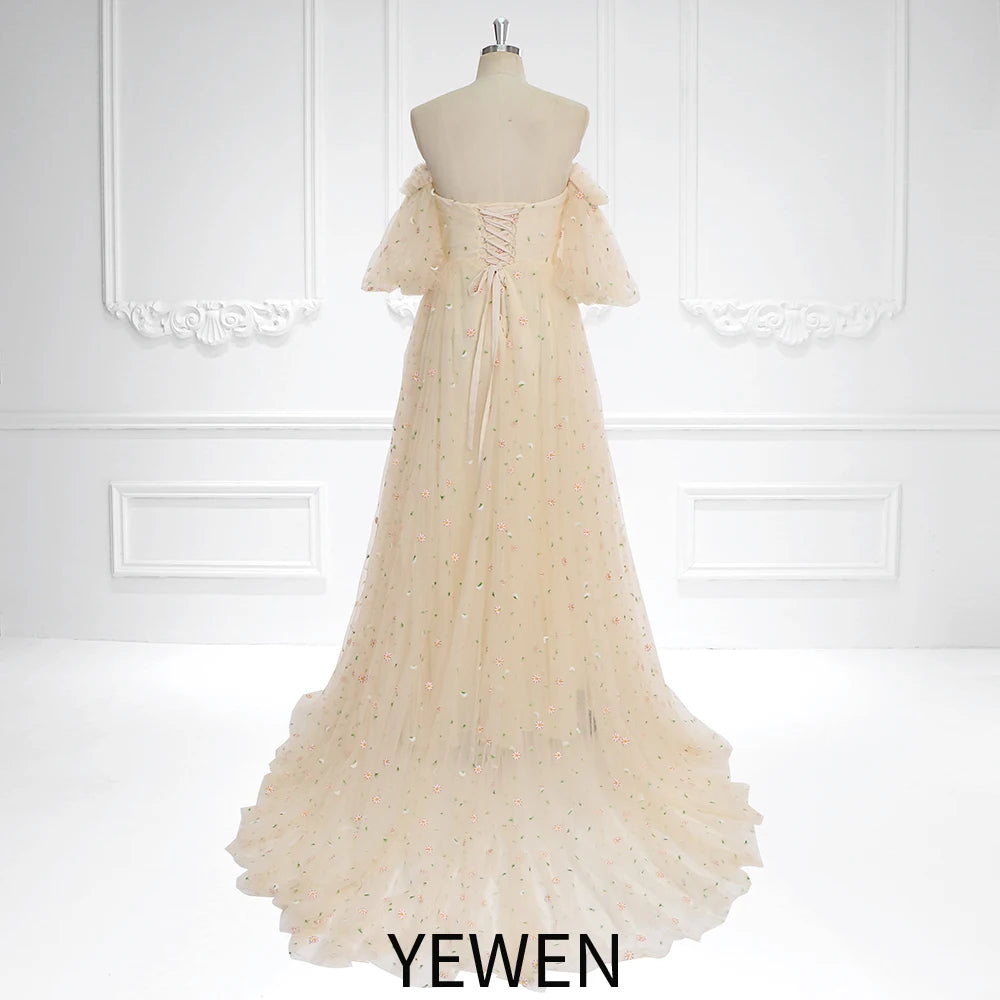 Elegante vestido de maternidad de tul bohemio bordado con mangas cortas y hombros descubiertos para sesión de fotos de embarazo, Sunnderly SY231093 