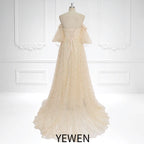 Elegante vestido de maternidad de tul bohemio bordado con mangas cortas y hombros descubiertos para sesión de fotos de embarazo, Sunnderly SY231093 