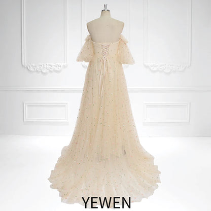 Elegant Off Shoulder Short Sleeve Embroidered Boho Tulle Maternity Dress for Photo Shoot Pregnancy Shooting Dress Sunnderly SY231093