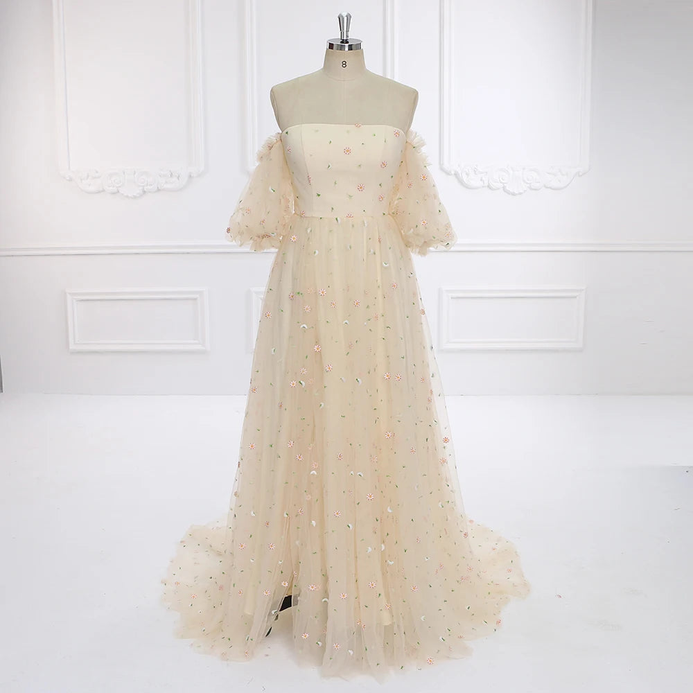 Elegante vestido de maternidad de tul bohemio bordado con mangas cortas y hombros descubiertos para sesión de fotos de embarazo, Sunnderly SY231093 