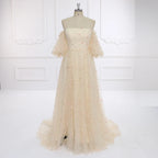 Elegante vestido de maternidad de tul bohemio bordado con mangas cortas y hombros descubiertos para sesión de fotos de embarazo, Sunnderly SY231093 