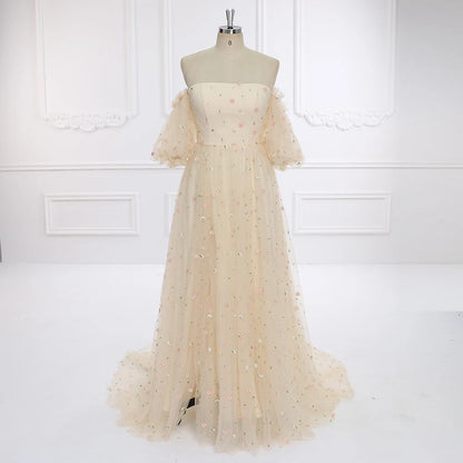 Elegant Off Shoulder Short Sleeve Embroidered Boho Tulle Maternity Dress for Photo Shoot Pregnancy Shooting Dress Sunnderly SY231093