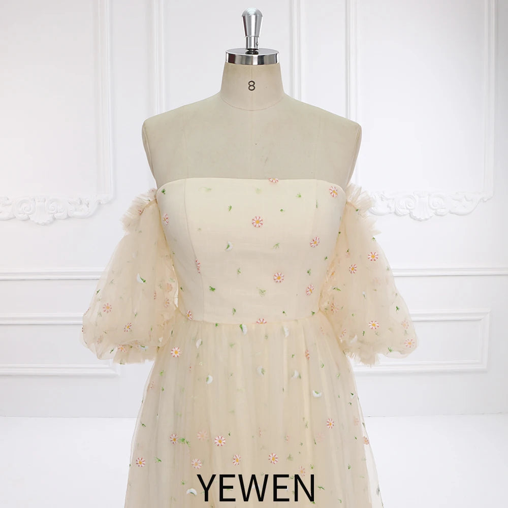 Elegante vestido de maternidad de tul bohemio bordado con mangas cortas y hombros descubiertos para sesión de fotos de embarazo, Sunnderly SY231093 