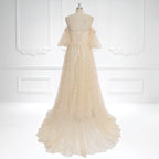 Elegante vestido de maternidad de tul bohemio bordado con mangas cortas y hombros descubiertos para sesión de fotos de embarazo, Sunnderly SY231093 