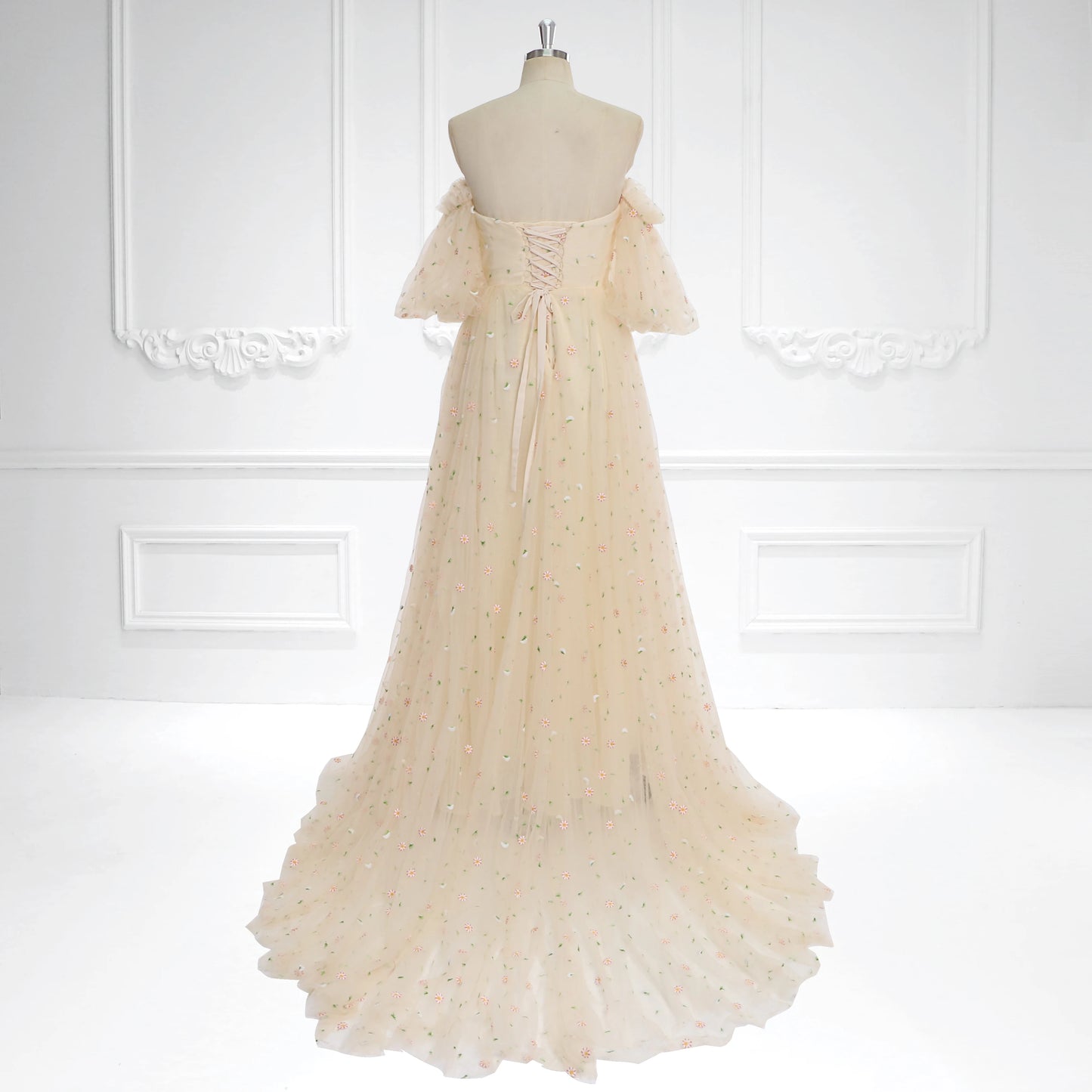 Elegant Off Shoulder Short Sleeve Embroidered Boho Tulle Maternity Dress for Photo Shoot Pregnancy Shooting Dress Sunnderly SY231093