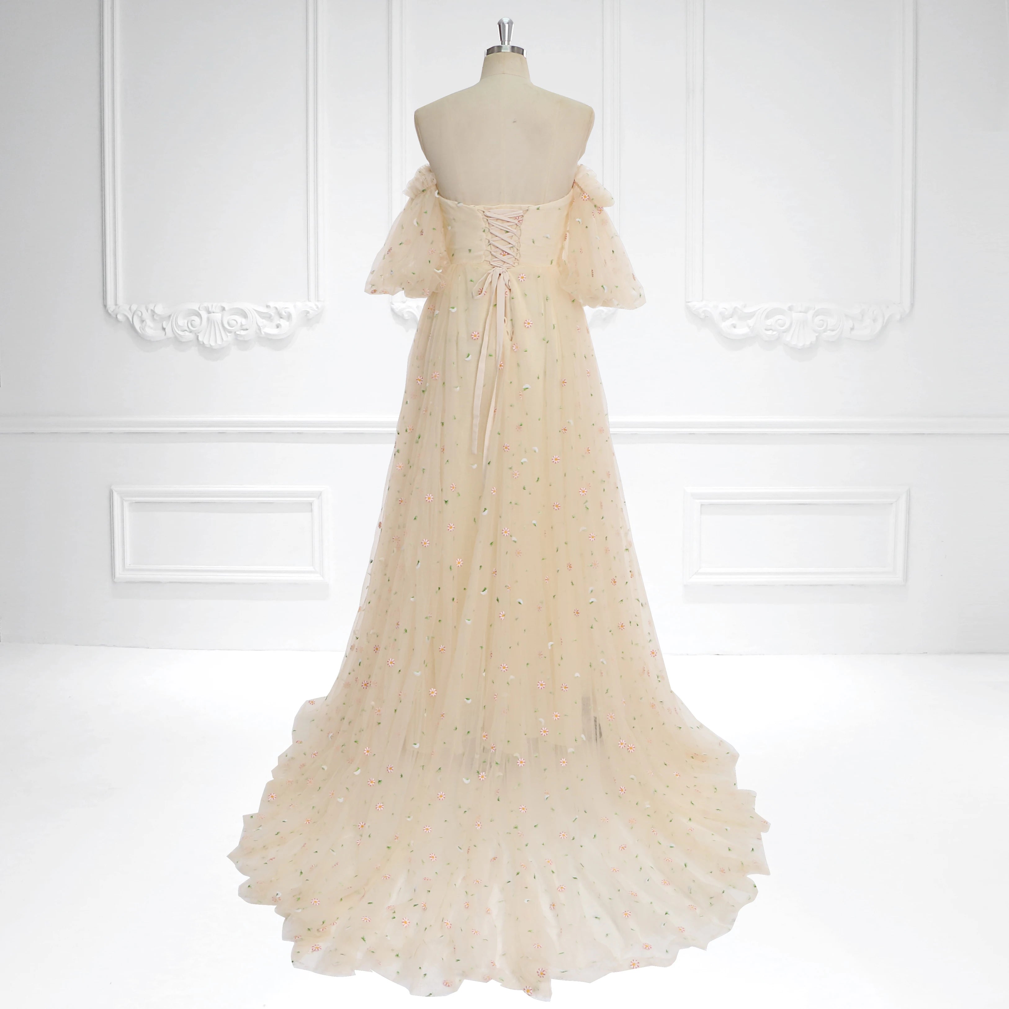 Elegante vestido de maternidad de tul bohemio bordado con mangas cortas y hombros descubiertos para sesión de fotos de embarazo, Sunnderly SY231093 