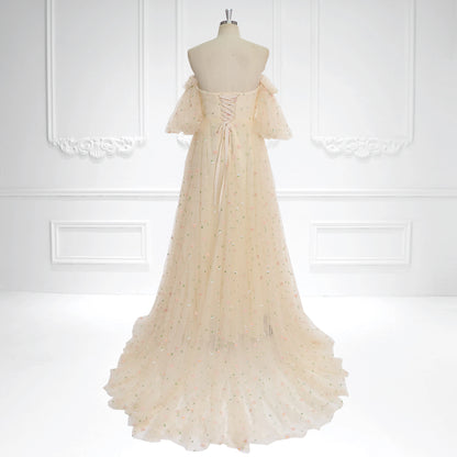 Elegant Off Shoulder Short Sleeve Embroidered Boho Tulle Maternity Dress for Photo Shoot Pregnancy Shooting Dress Sunnderly SY231093
