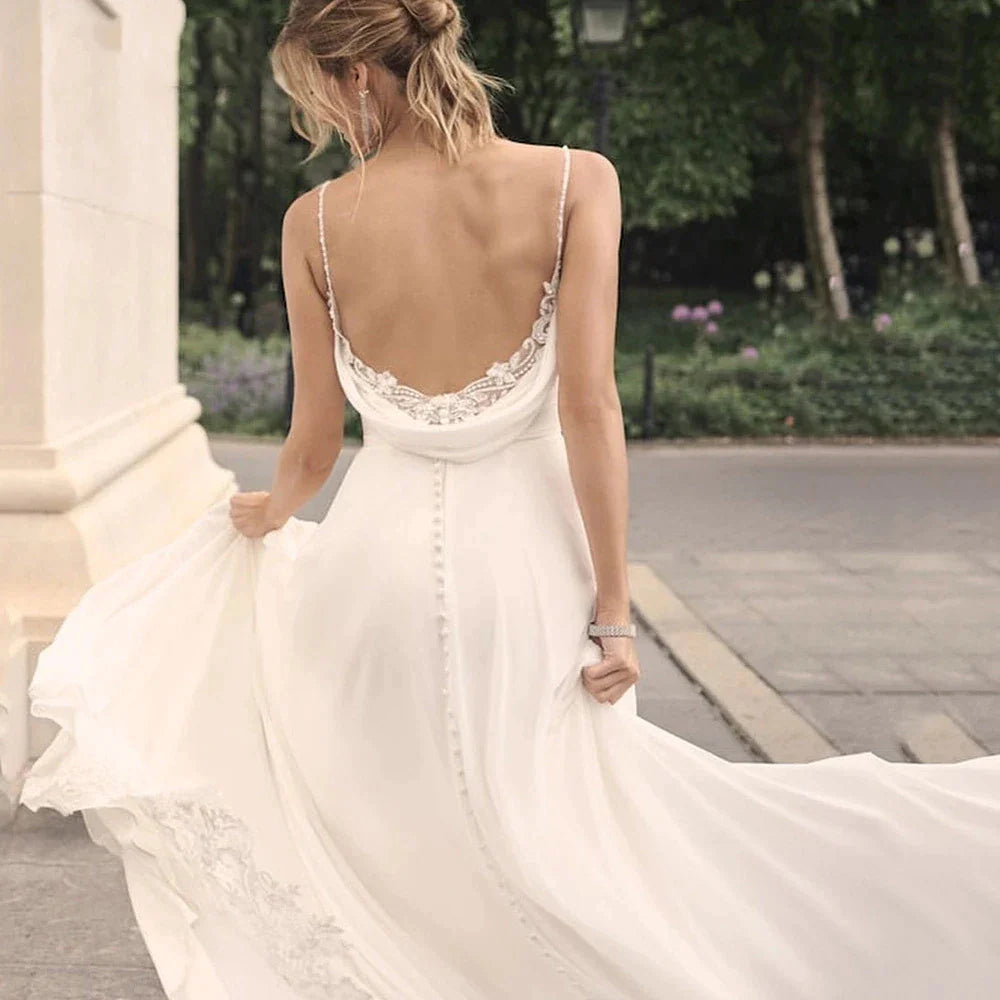 Elegant Off Shoulder Sleeveless Mopping Backless Wedding Dresses For Women Spaghetti Straps Bride Gown Appliques Backless Bridal-payinti