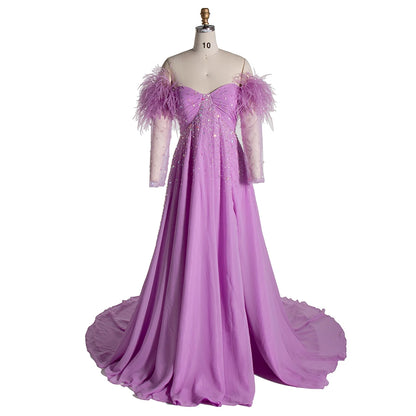 Elegant Off shoulder Maternity Dress for Photo Shoot Long Sleeve with Ostrich Feather SY240522