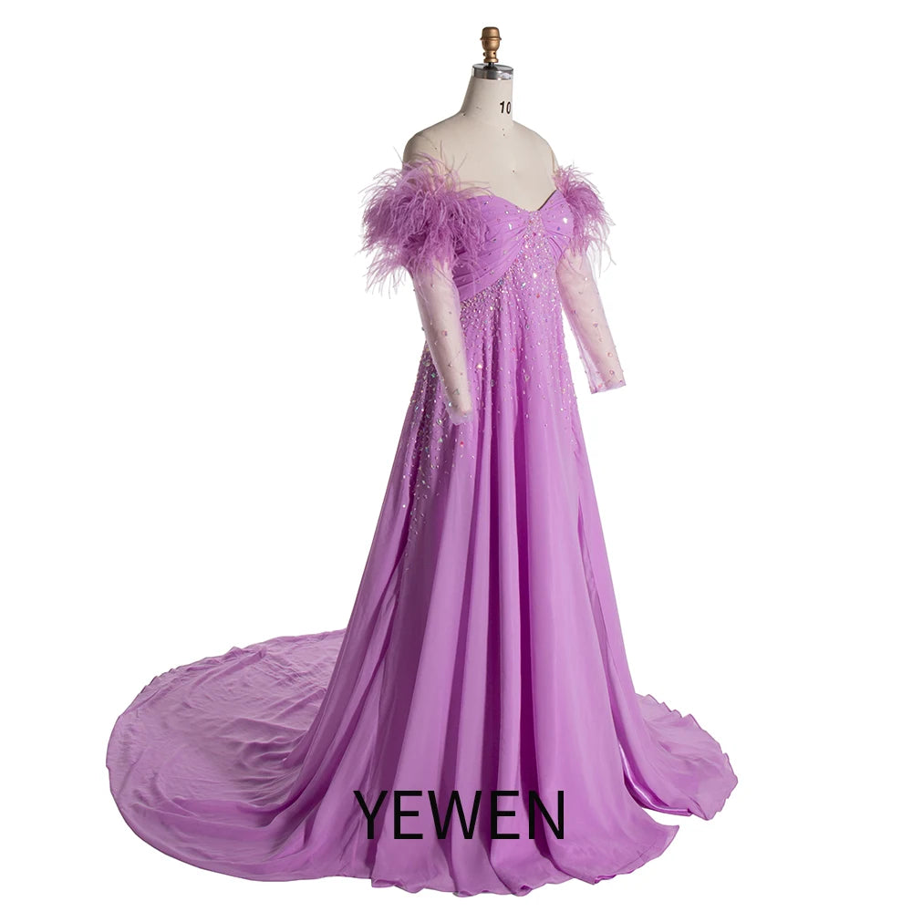 Elegant Off shoulder Maternity Dress for Photo Shoot Long Sleeve with Ostrich Feather SY240522