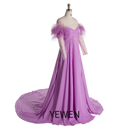 Elegant Off shoulder Maternity Dress for Photo Shoot Long Sleeve with Ostrich Feather SY240522