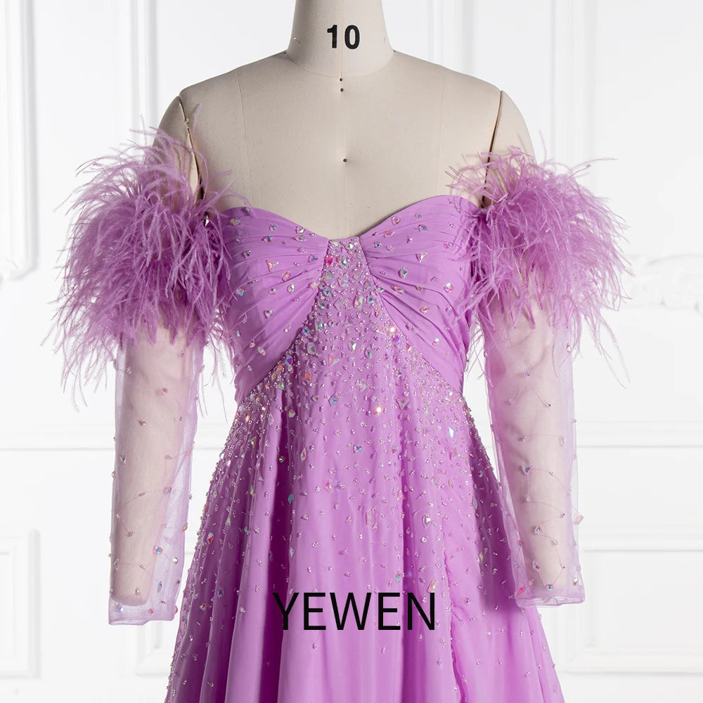 Elegante vestido de maternidad con hombros descubiertos para sesión de fotos, manga larga y plumas de avestruz SY240522