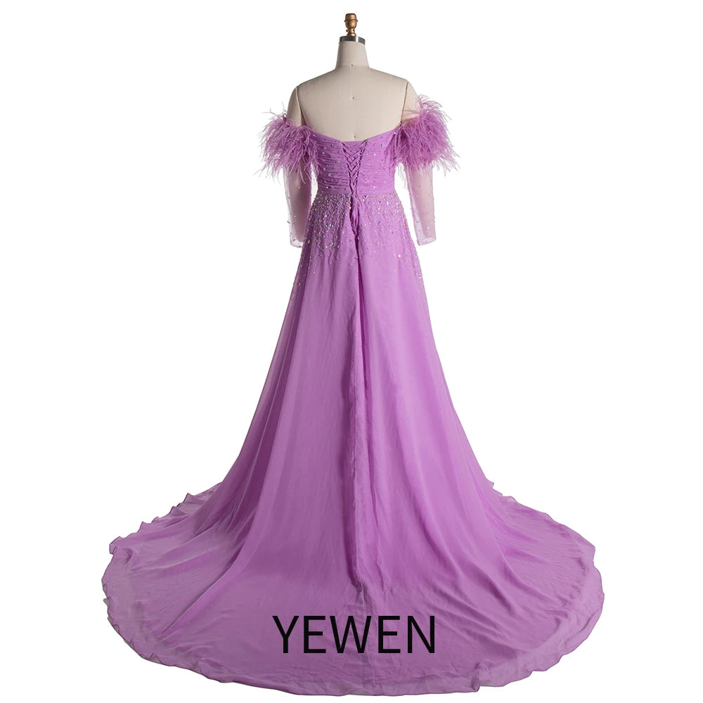 Elegant Off shoulder Maternity Dress for Photo Shoot Long Sleeve with Ostrich Feather SY240522