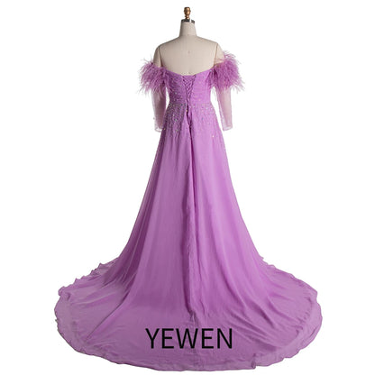Elegant Off shoulder Maternity Dress for Photo Shoot Long Sleeve with Ostrich Feather SY240522