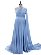 Elegantes One-Shoulder Cape Sleeve Maxikleid Weiches Mesh Umstandskleid Fotoshooting Schwangerschafts-Shooting-Kleid SY18811-1 
