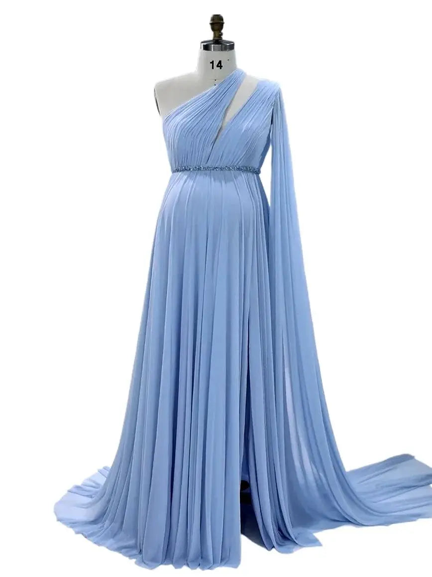 Elegantes One-Shoulder Cape Sleeve Maxikleid Weiches Mesh Umstandskleid Fotoshooting Schwangerschafts-Shooting-Kleid SY18811-1 
