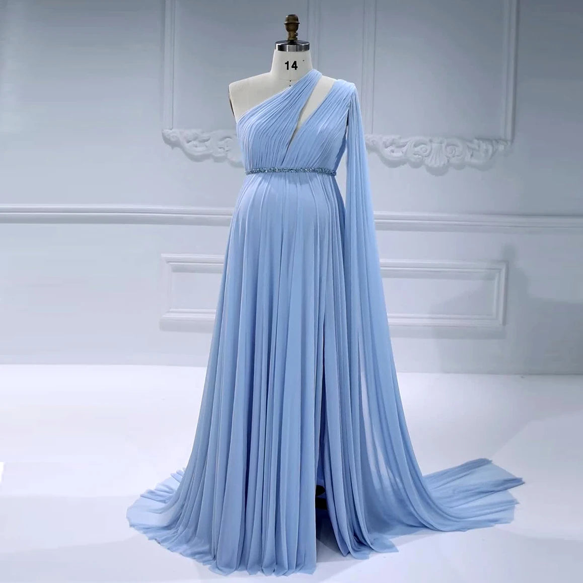 Elegantes One-Shoulder Cape Sleeve Maxikleid Weiches Mesh Umstandskleid Fotoshooting Schwangerschafts-Shooting-Kleid SY18811-1 