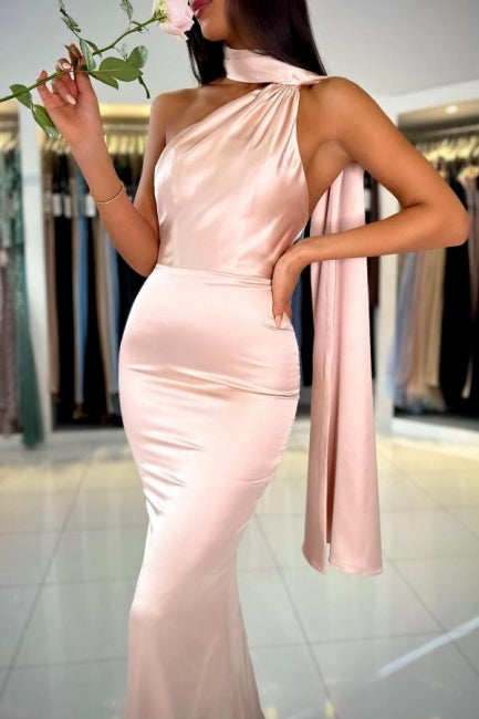 Elegante vestido de fiesta de satén rosa largo, sencillo, de sirena, con un solo hombro y sin mangas