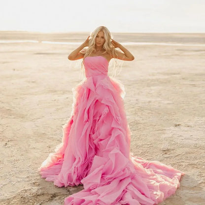 Elegant Pink Petal Ruffle Prom Party Dresses  Long Strapless Bridal Photography Dress Beach Boho Maternity Photo Shoot Gowns