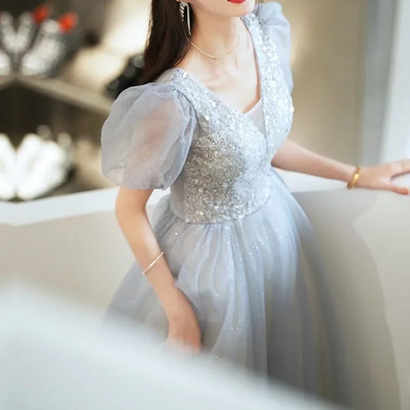 Elegant Princess Formal Evening Prom Dress Gorgeous V Neck Puff Sleeve Bandage Long Dresses Floral Glitter Robes De Soirée 2023-payinti
