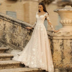 Elegant Round Neck Wedding Dresses 2023 Lace Long Sleeve Decal A-line Fashion Women's Bridal Dress Robe Back Strap Design De-payinti