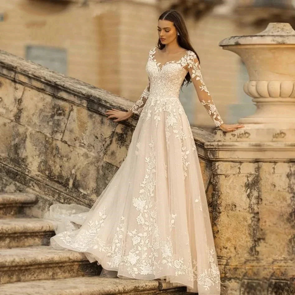 Elegant Round Neck Wedding Dresses 2023 Lace Long Sleeve Decal A-line Fashion Women's Bridal Dress Robe Back Strap Design De-payinti