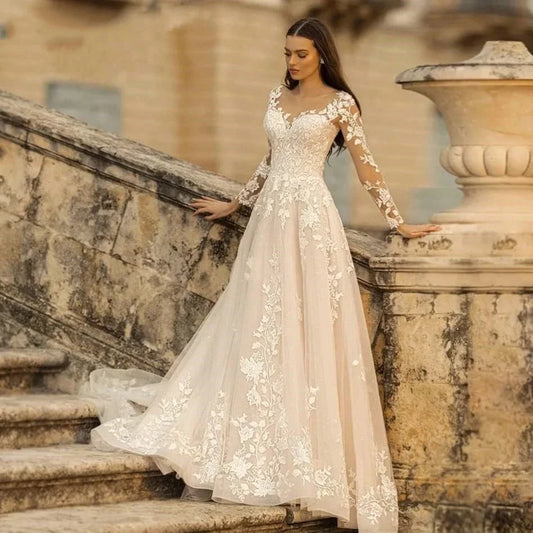 Elegant Round Neck Wedding Dresses 2023 Lace Long Sleeve Decal A-line Fashion Women's Bridal Dress Robe Back Strap Design De-payinti