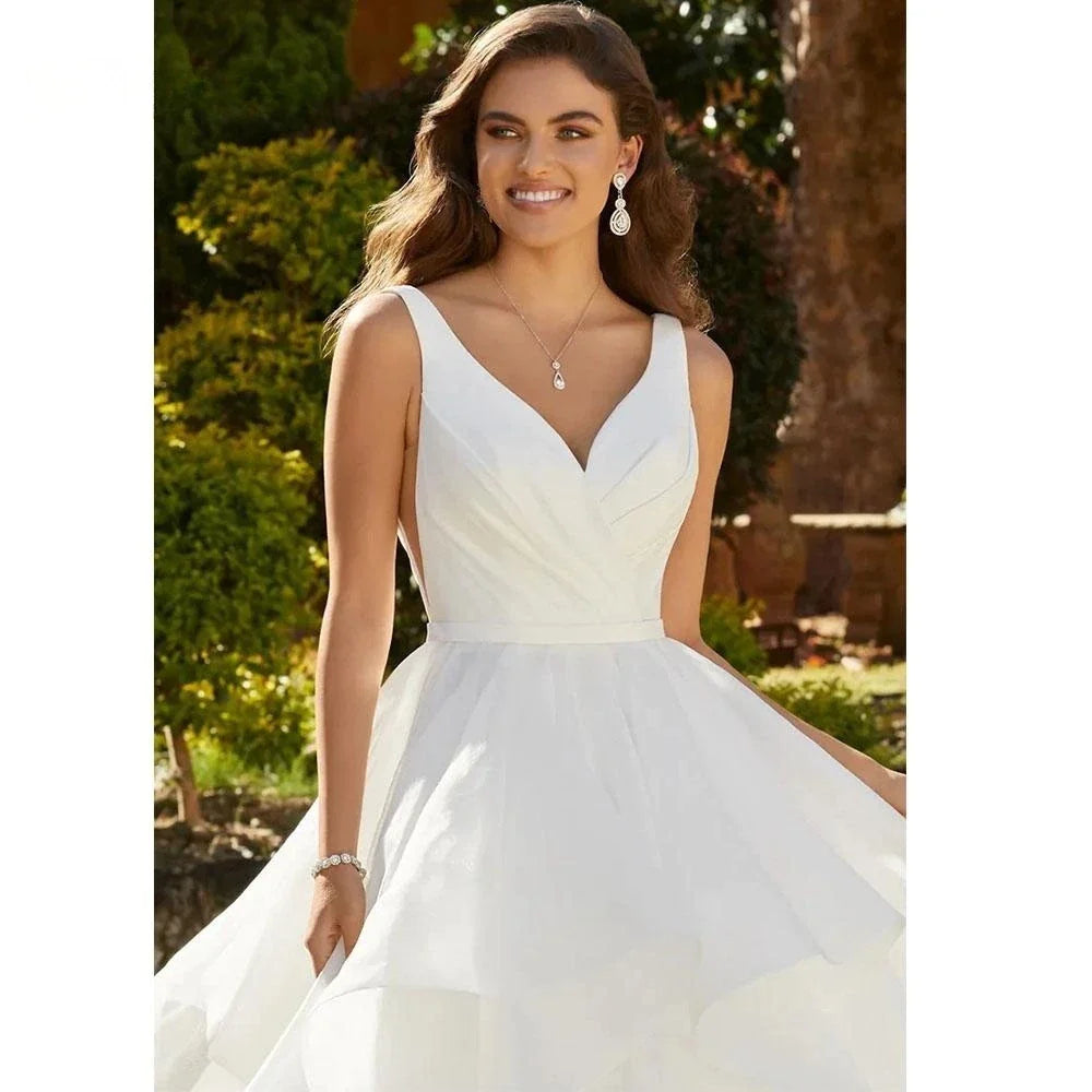 Elegant Ruffles Wedding Dresses For Women V-Neck Backless Bridal Gowns A-Line Sleeveless Vestidos De Novia-payinti