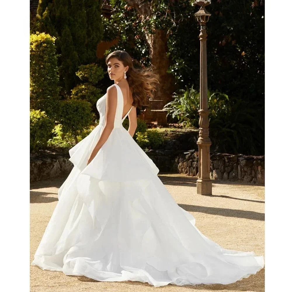 Elegant Ruffles Wedding Dresses For Women V-Neck Backless Bridal Gowns A-Line Sleeveless Vestidos De Novia-payinti
