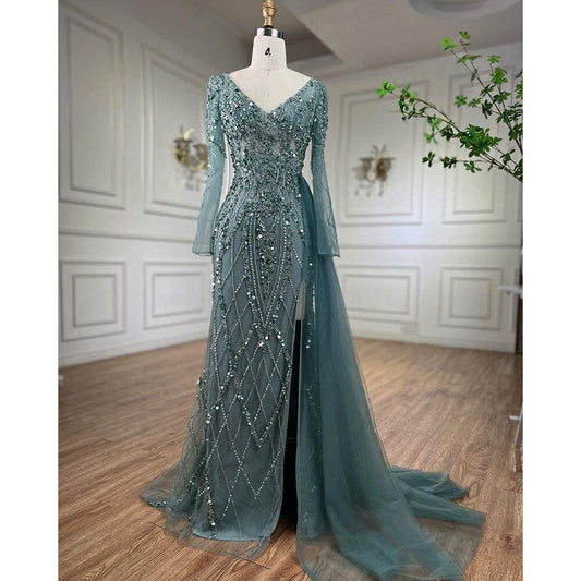 Elegantes türkisfarbenes Abendkleid mit hohem Schlitz und langen Ärmeln aus Meramid mit Perlen für Frauen, Hochzeitsfeier LA71793A 