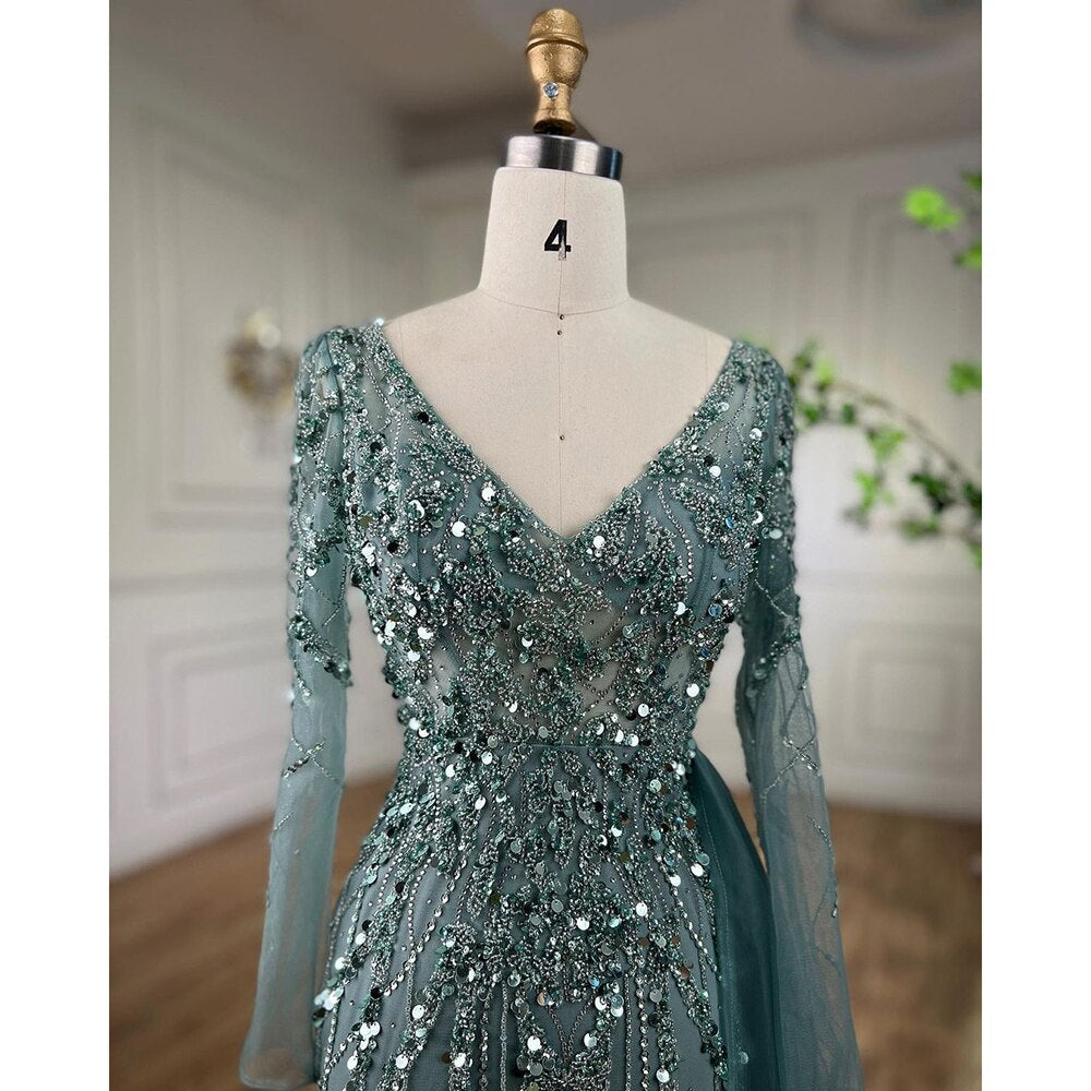 Elegantes türkisfarbenes Abendkleid mit hohem Schlitz und langen Ärmeln aus Meramid mit Perlen für Frauen, Hochzeitsfeier LA71793A 