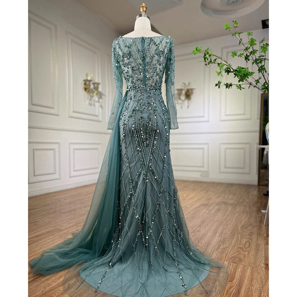 Elegantes türkisfarbenes Abendkleid mit hohem Schlitz und langen Ärmeln aus Meramid mit Perlen für Frauen, Hochzeitsfeier LA71793A 