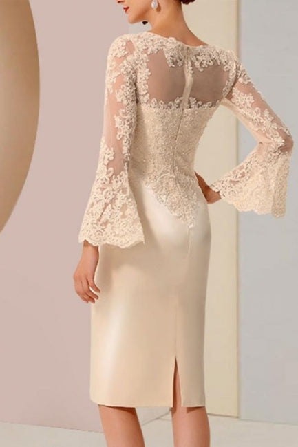 Elegantes kurzes Spitzen-Satin-Kleid für die Brautmutter mit langen Ärmeln