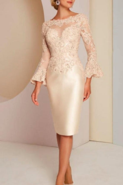 Elegantes kurzes Spitzen-Satin-Kleid für die Brautmutter mit langen Ärmeln