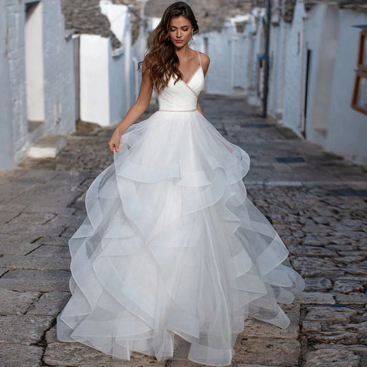 Elegant Spaghetti Straps Ball Gown Wedding Dresses Backless Robe de Mariage Delicate Beaded Ruffles Bridal Gown-payinti