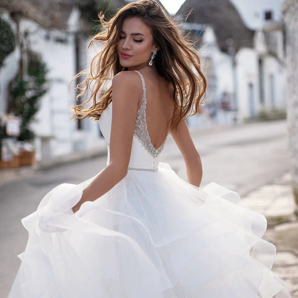 Elegant Spaghetti Straps Ball Gown Wedding Dresses Backless Robe de Mariage Delicate Beaded Ruffles Bridal Gown-payinti