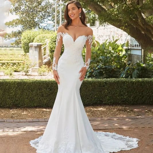 Elegant Sweetheart Mermaid Wedding Dress 2023 White Long Sleeve Open Back Lace Applique Bridal Gown Sweep Train Vestido De Novia-payinti