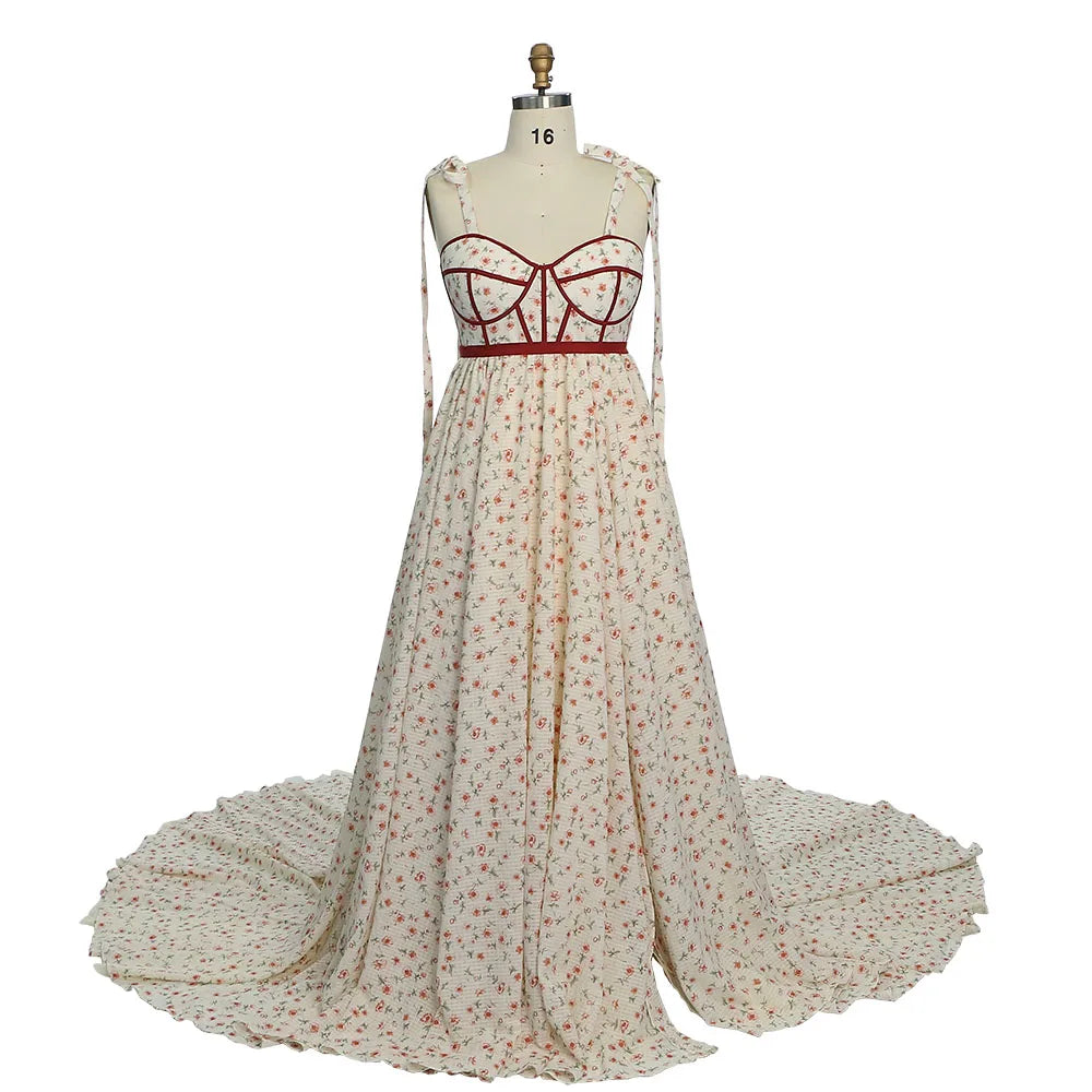 Elegantes Umstandskleid aus Chiffon mit herzförmigem Ausschnitt und hoher Taille und Blumenmuster für Fotoshootings Sunnderly SY231032-1 