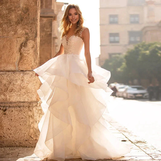 Elegant Sweetheart Wedding Dresses 2024 Applique Flowers Sleeveless Illusion Back Tiered Ball Gowns Court Train Vestido De Novia-payinti
