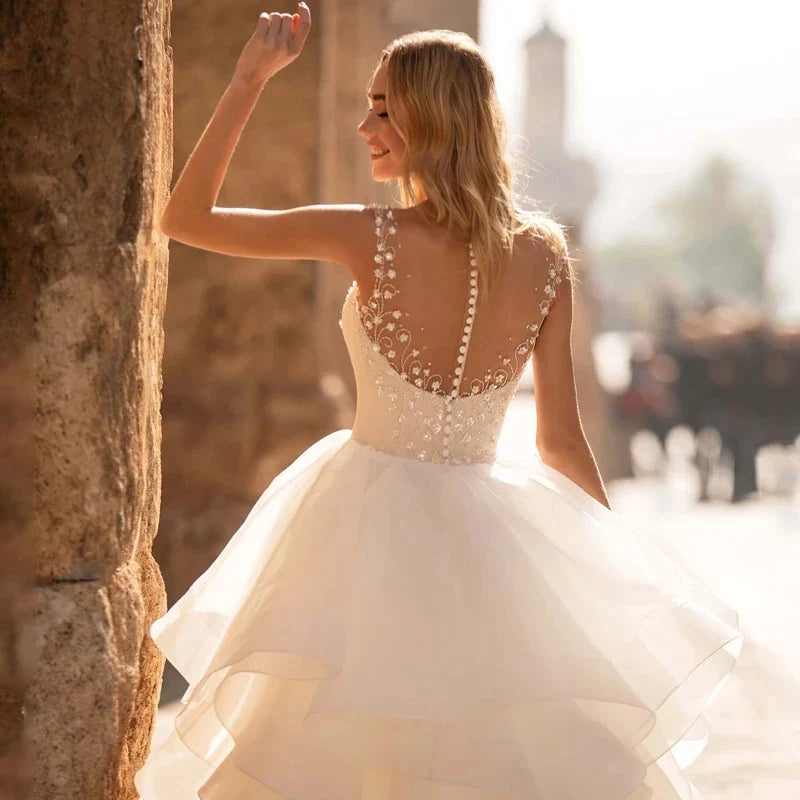 Elegant Sweetheart Wedding Dresses 2024 Applique Flowers Sleeveless Illusion Back Tiered Ball Gowns Court Train Vestido De Novia-payinti