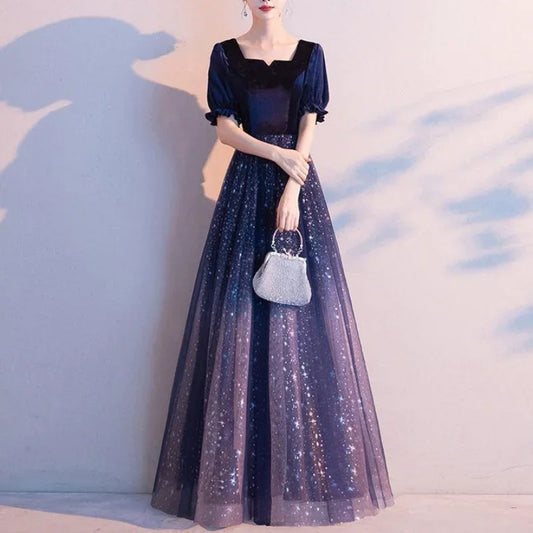 Elegant Temperament Square Collar Wedding Party Dress Slim Waist Puff Sleeve Prom Vestidos Formal Robe New Long Evening Dresses-payinti