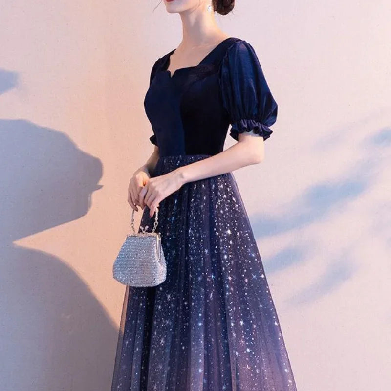 Elegant Temperament Square Collar Wedding Party Dress Slim Waist Puff Sleeve Prom Vestidos Formal Robe New Long Evening Dresses-payinti